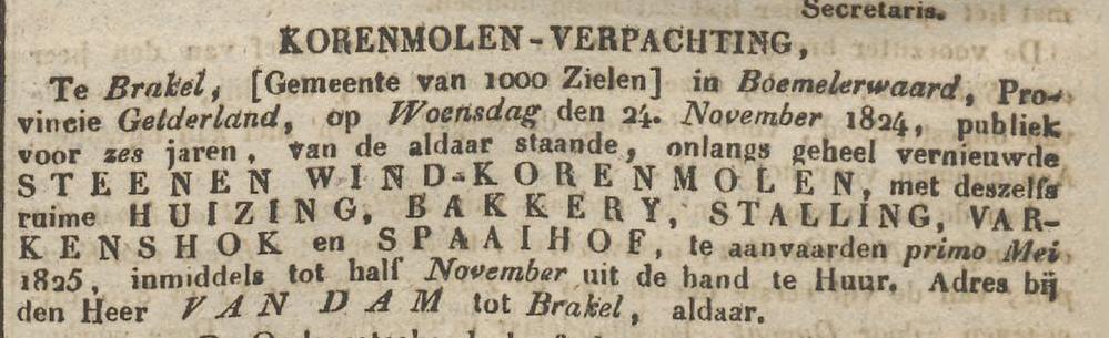 Pacht Brakelse molen Arnhemsche Courant30okt1824.jpg